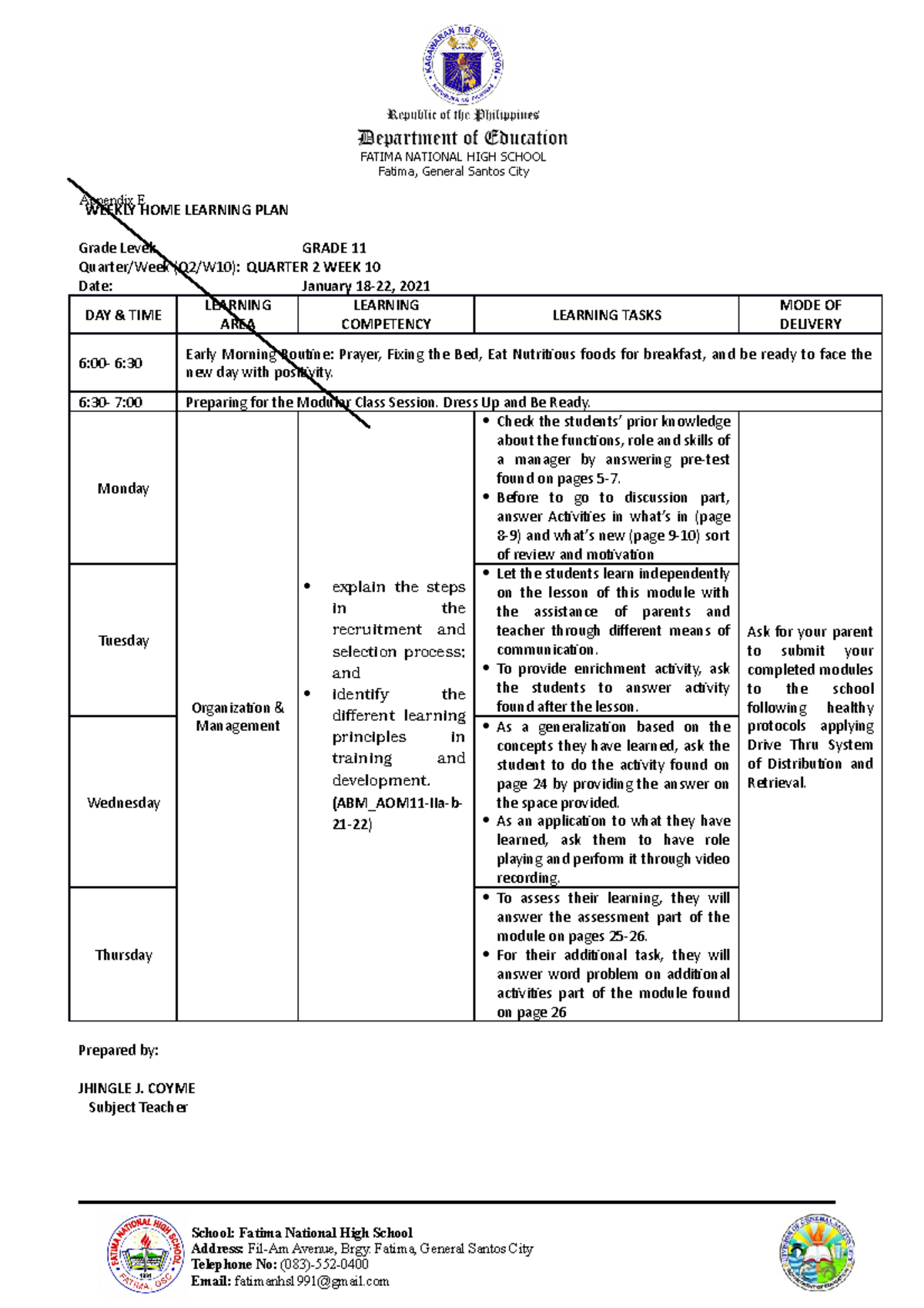 ORG&MNGT WHLP WEEK 10 - WEEKLY HOME LEARNING PLAN Grade Level: GRADE 11 ...