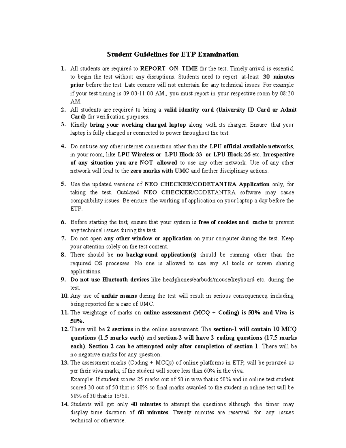 Student Guidelines ETP - Student Guidelines for ETP Examination All ...