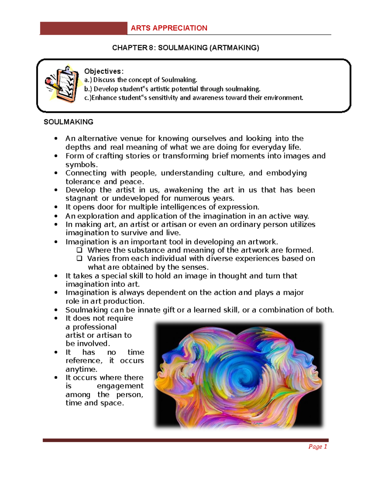 Chapter 8 Soulmaking ( Artmaking) MODULE ARTS APPRECIATION Page 1