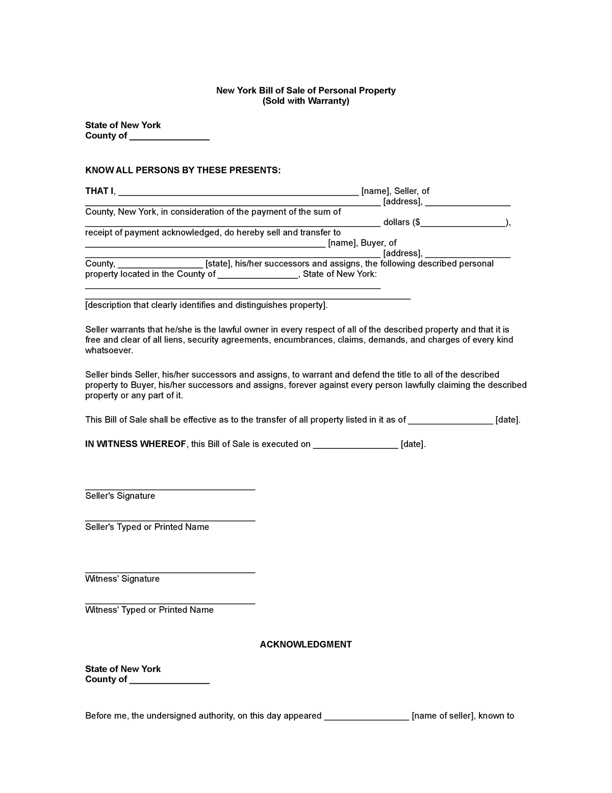 New York Bill of Sale of Personal Property - Psicología Ética y ...