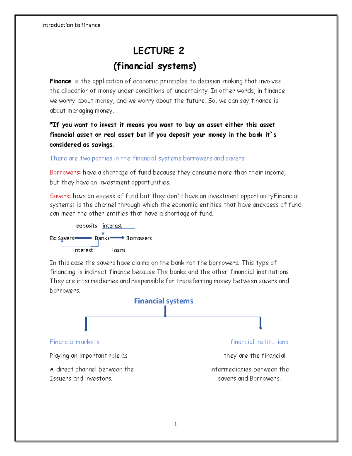Lecture 2 (study notes) - LECTURE 2 (financial systems) Finance is the ...
