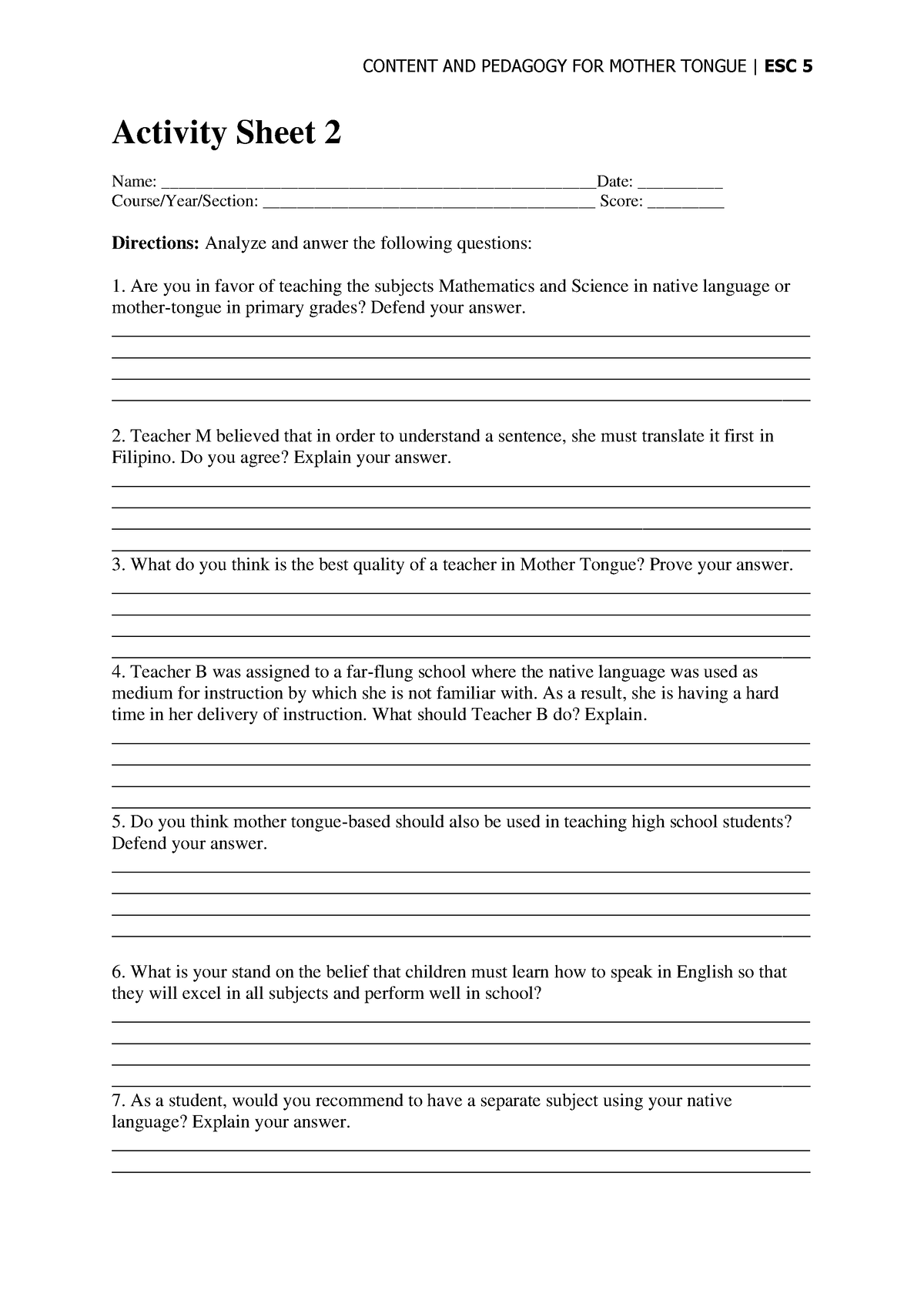 Activity Sheet 1 - CONTENT AND PEDAGOGY FOR MOTHER TONGUE | ESC 5 ...