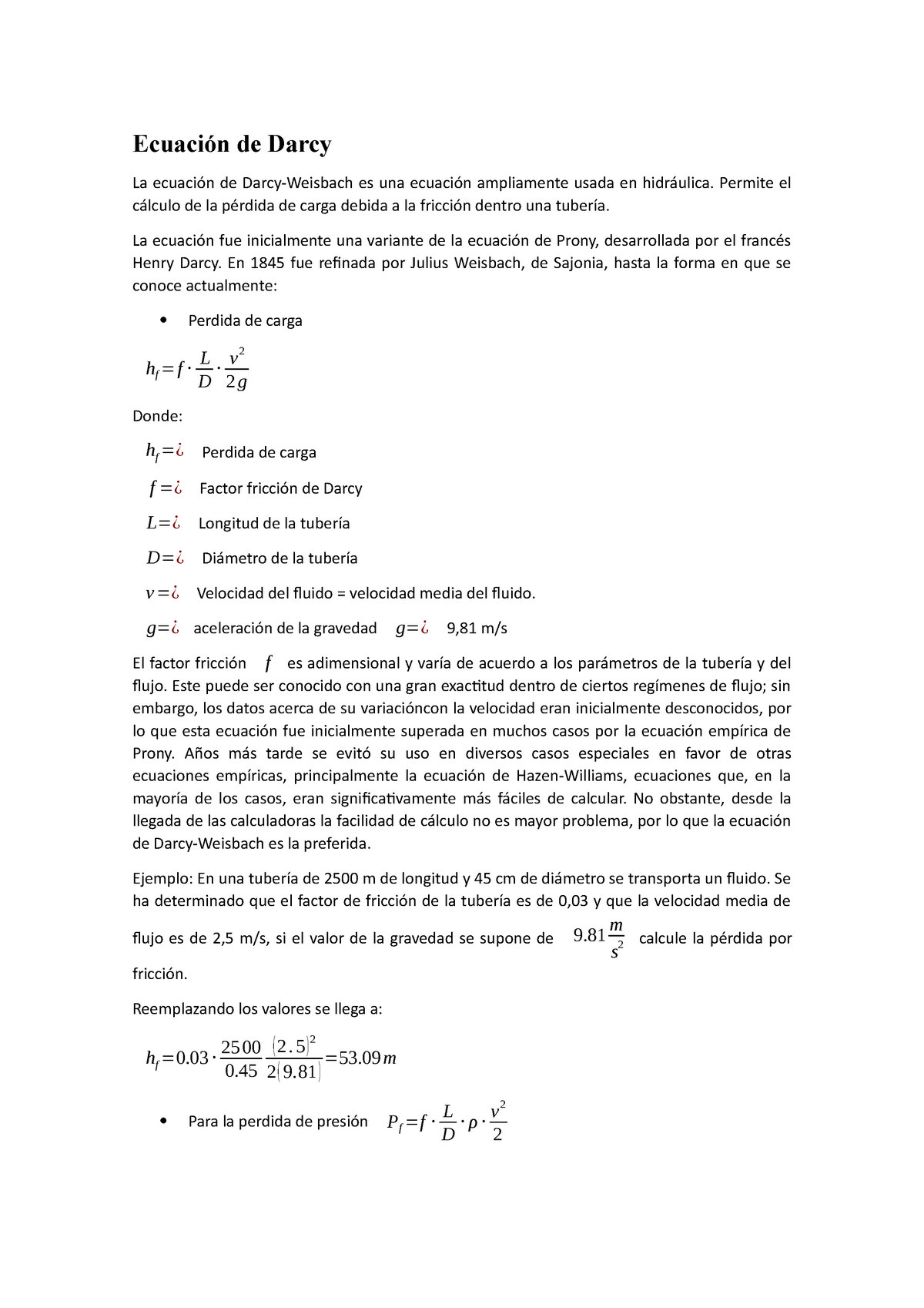 Ecuación De Darcy Apuntes 1 Ecuación De Darcy La Ecuación De Darcy Weisbach Es Una Ecuación 9305