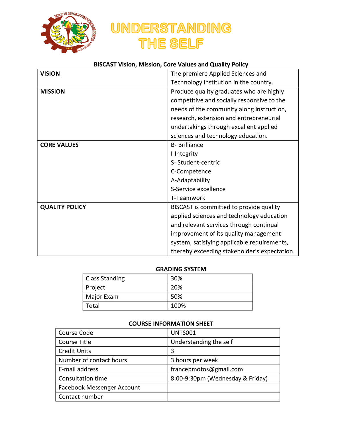 Module 1 - Understanding THE SELF - new - BISCAST Vision, Mission, Core ...