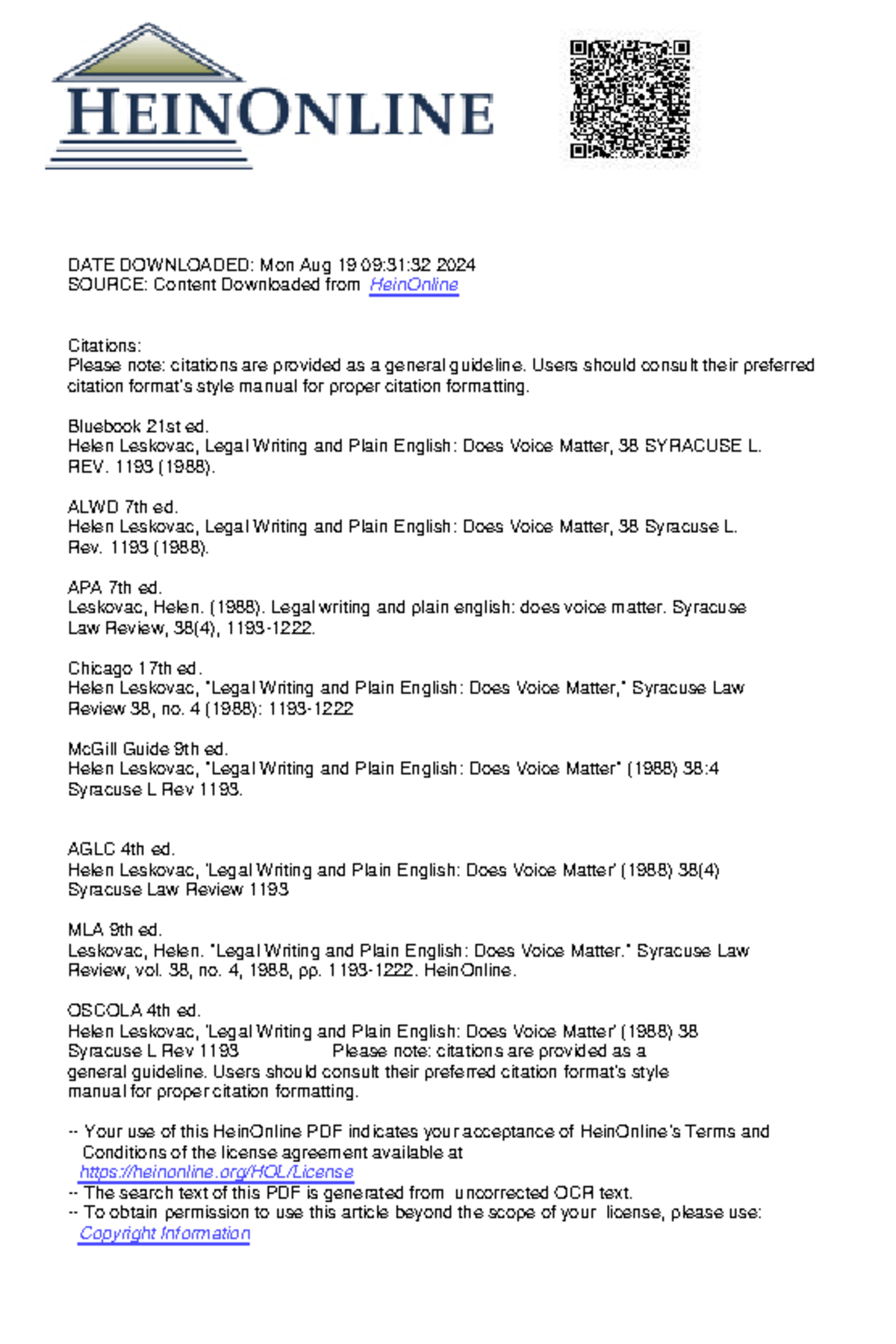 legal writing and Plain English - ####### DATE DOWNLOADED: Mon Aug 19 ...