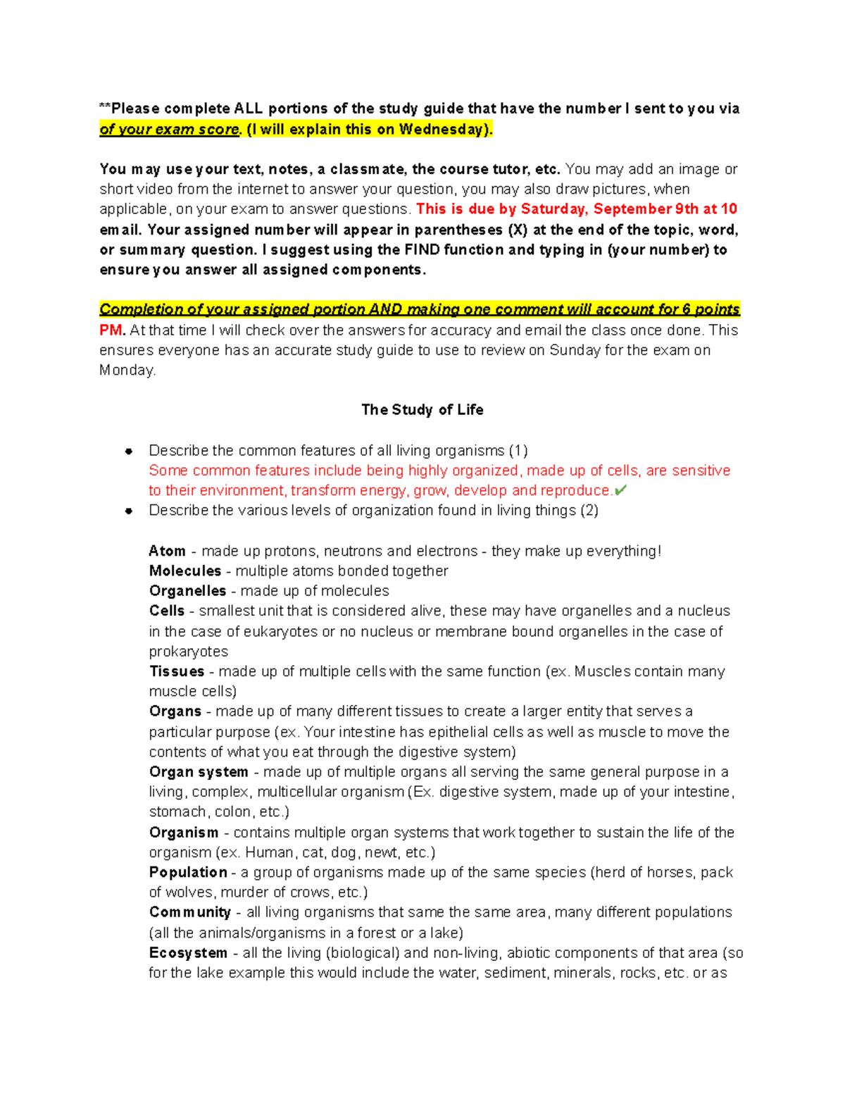BIOL 120 - Collaborative Study Guide Exam 1 - **Please complete ALL ...