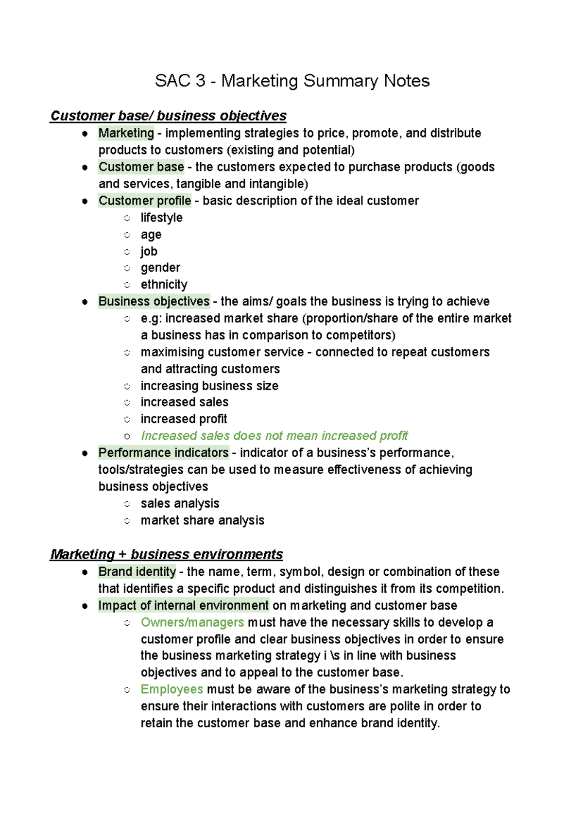 Business - Marketing Summary Notes - SAC 3 - Marketing Summary Notes ...
