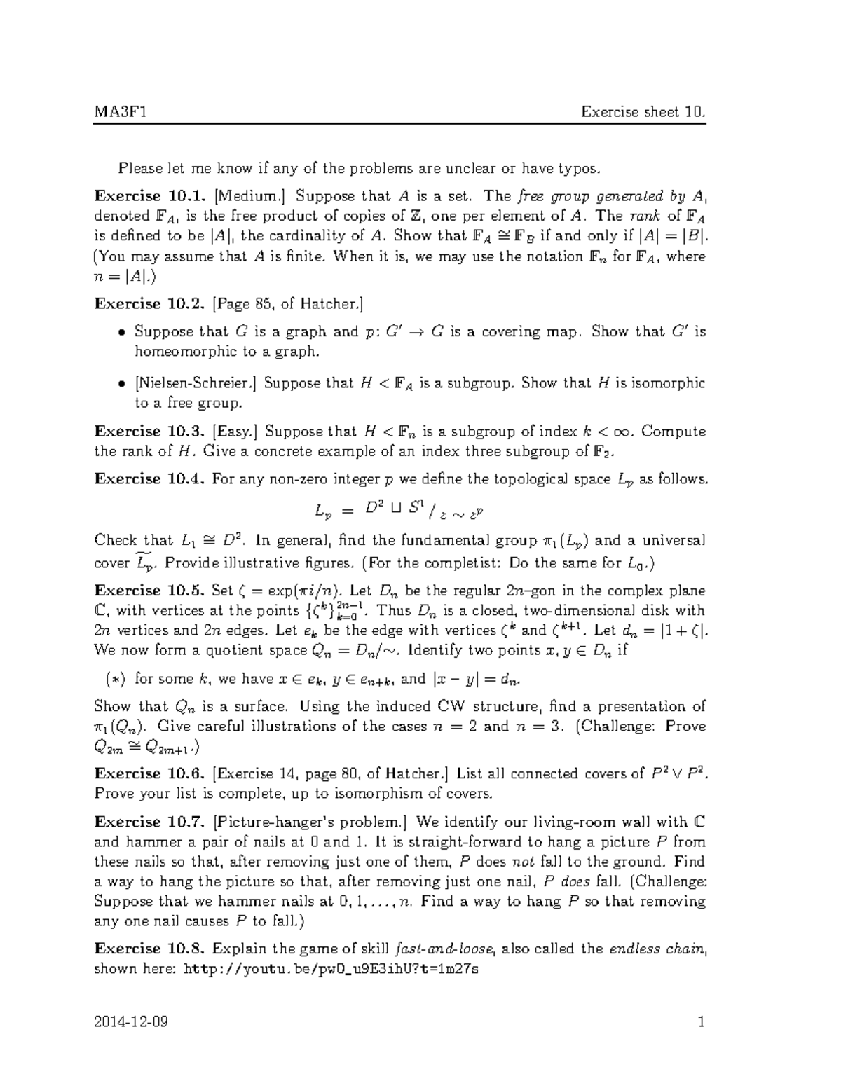 MA3F1 2014-2015 Problem Sheet 10 - MA3F1 Exercise sheet 10. Please let ...