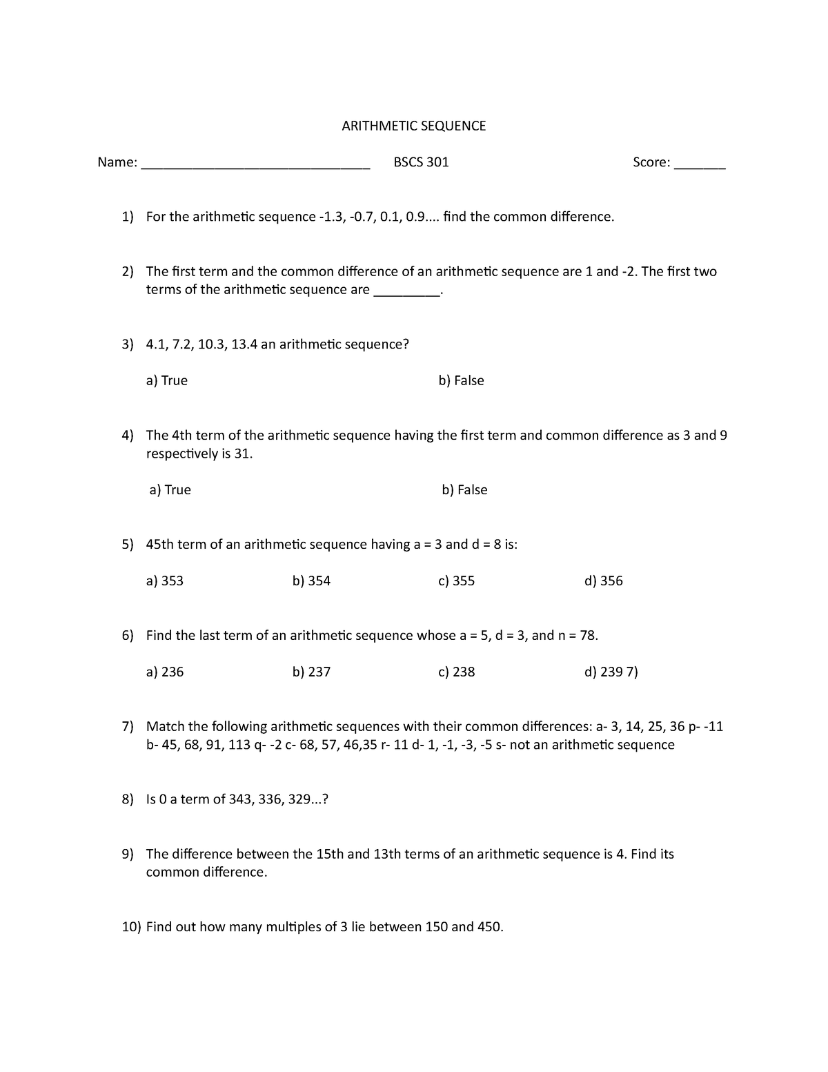 Arithmetic Series - gehey - ARITHMETIC SEQUENCE Name ...