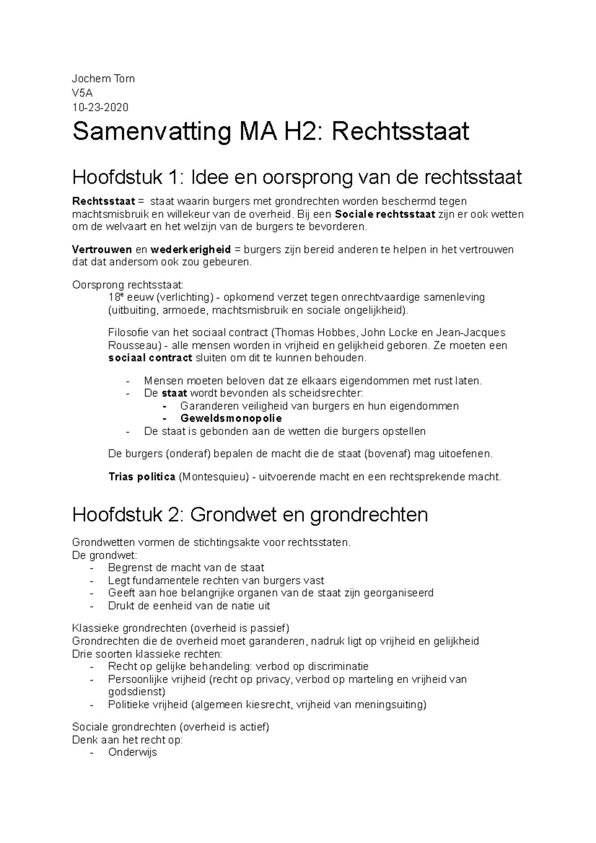 V5 MA Samenvatting H2 Rechtsstaat - Jochem Torn V5A 10-23- Samenvatting ...