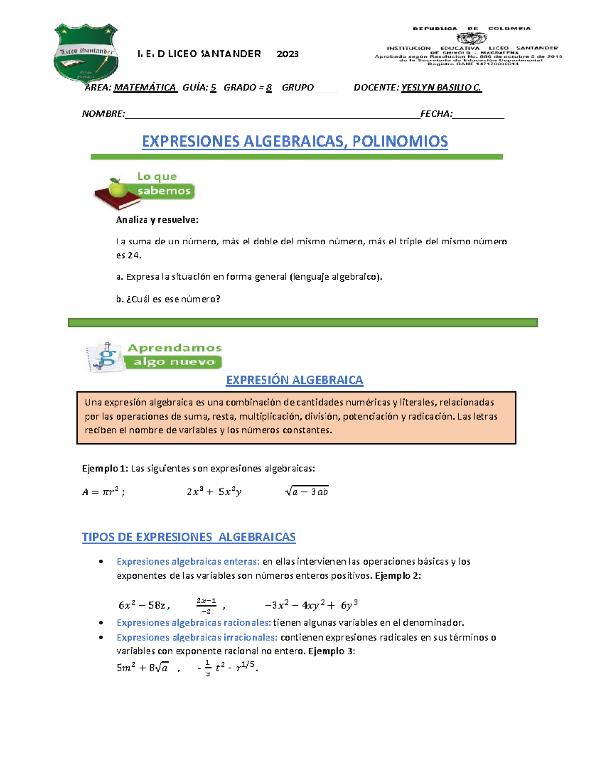 GUIA5 MAT8 EXPR Algebraicas, Polinomios 1 - AREA: MATEMÁTICA GUÍA: 5 ...