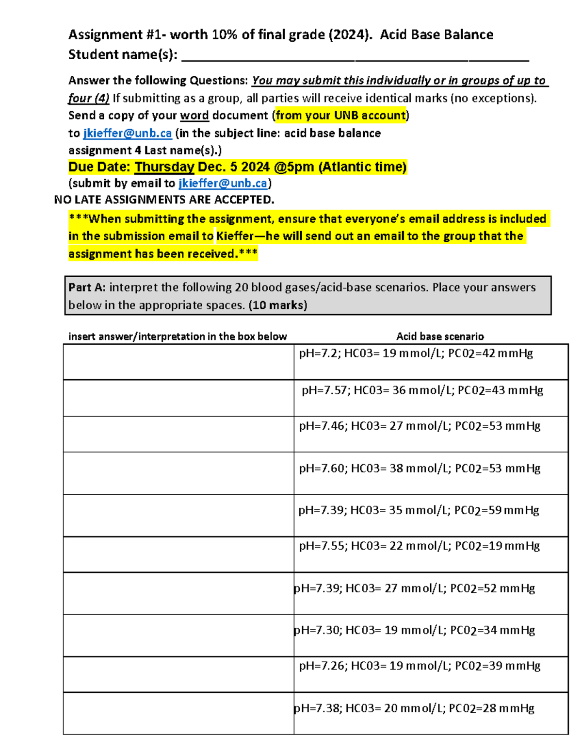 Acid base balance practice - Assignment #1- worth 10% of final grade ...