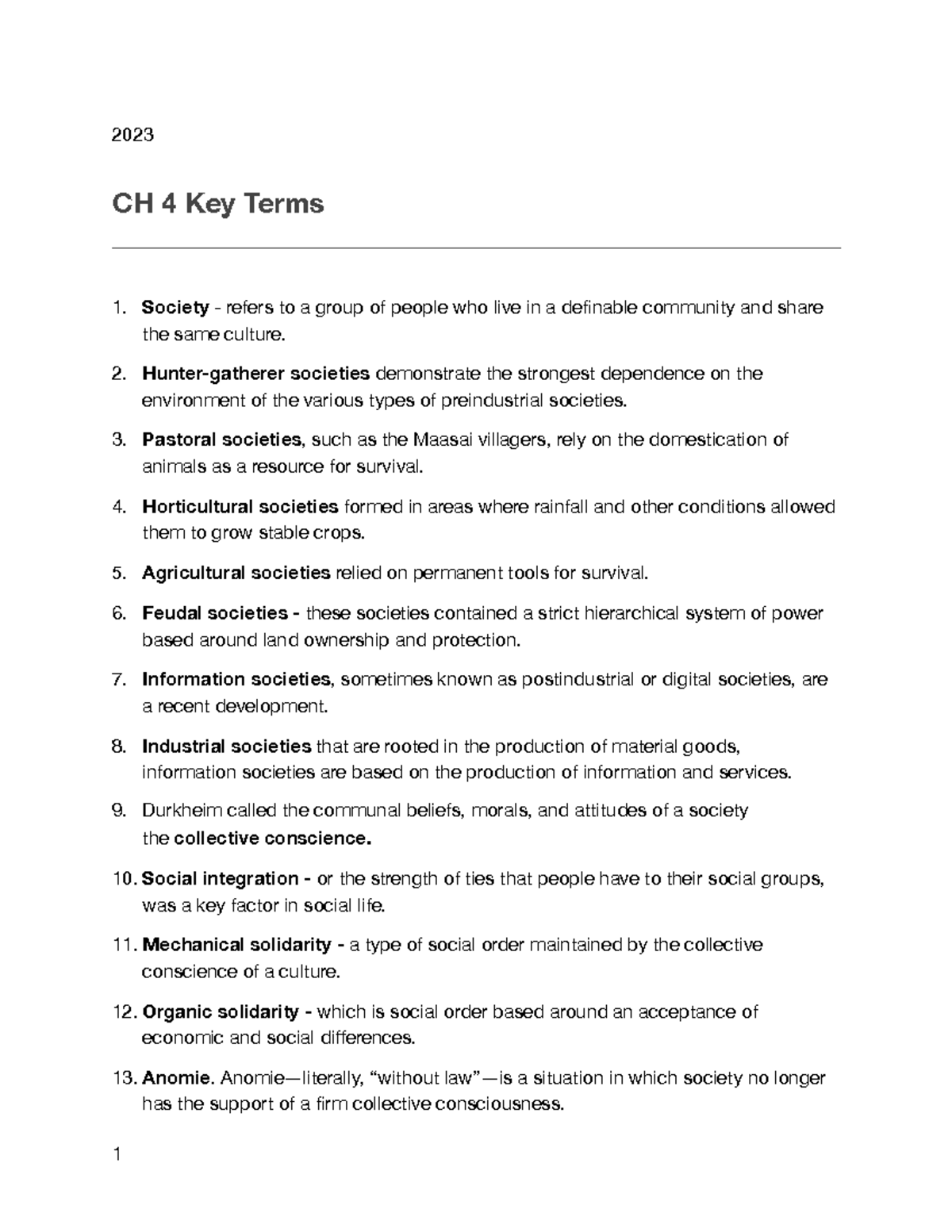 CH 4 Key Terms - 2023 CH 4 Key Terms Society - refers to a group of ...
