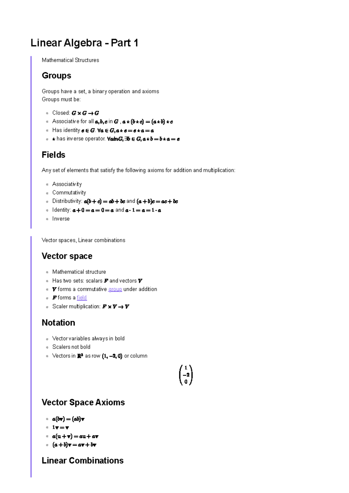 Linear Algebra - Part 1 - has inverse operator. Fields Any set of ...