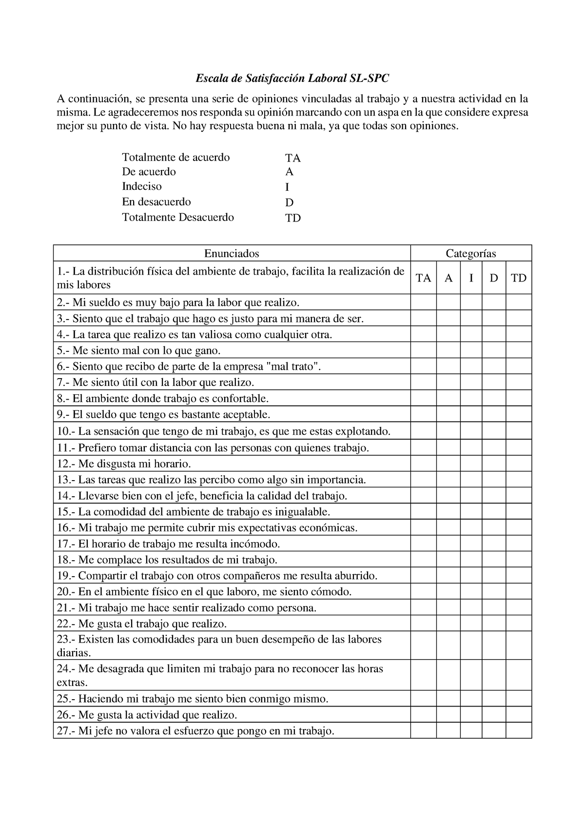 Escala De Satisfacción Laboral Sl Escala De Satisfacción Laboral Sl Spc A Continuación Se