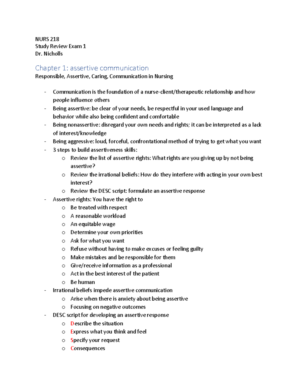NURS 212 Final Exam guide - NURS 218 Study Review Exam 1 Dr. Nicholls ...