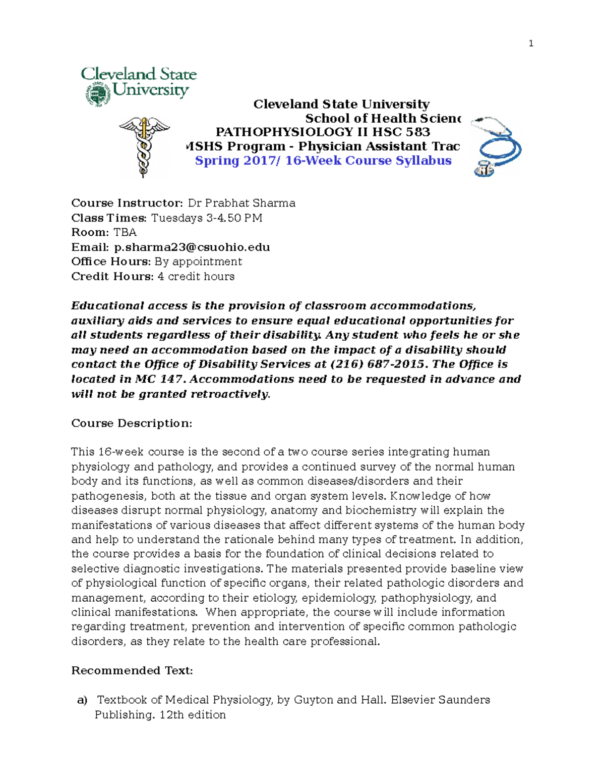 Course Syllabus HSC 583 Pathophysiology Spring 2017 - 1 Cleveland State ...