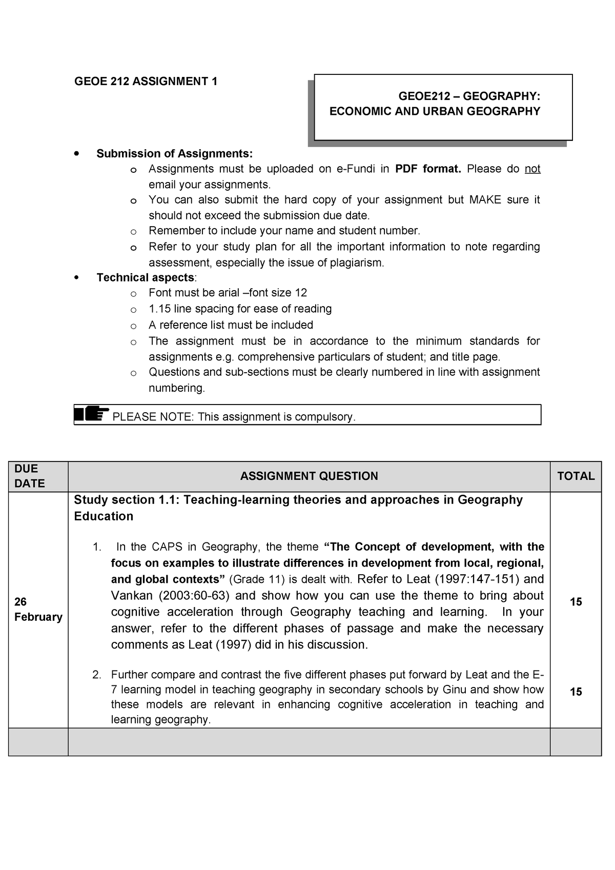 Assignment 1 due 26 February English - GEOE 212 ASSIGNMENT 1 GEOE212 ...