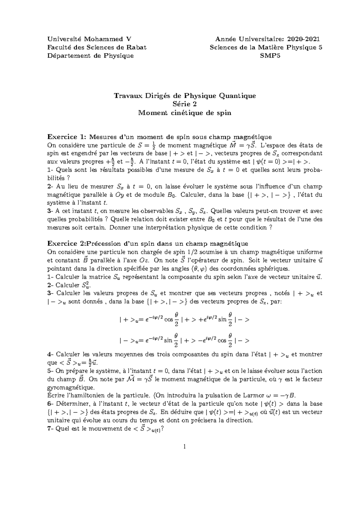 TD de Physique Quantique série 2 - Universit ́e Mohammed V Ann ́ee ...