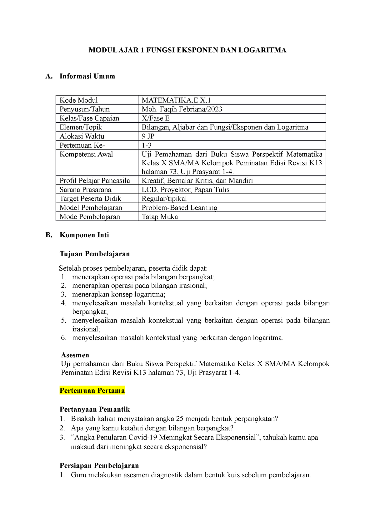 Rancangan Modul Ajar Fungsi Eksponen DAN Logaritma - MODUL AJAR 1 ...