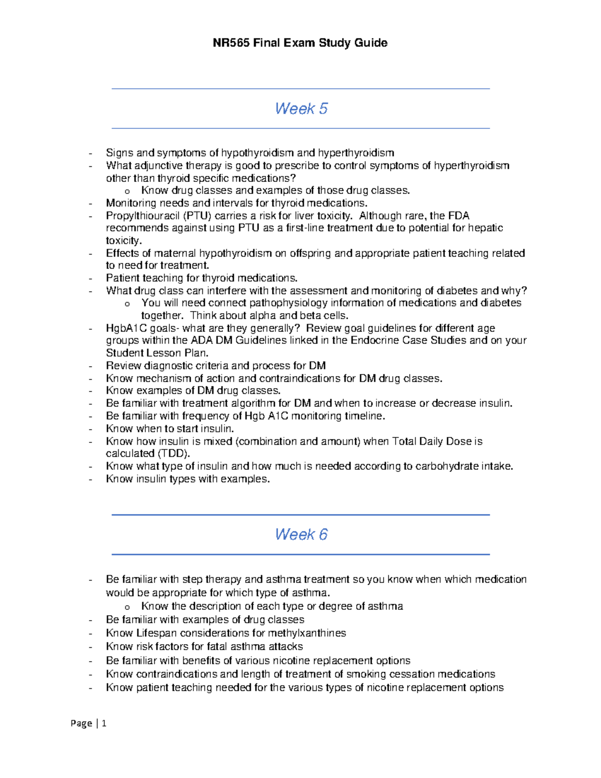 NR565 Final Exam Study Guide - Monitoring Needs And Intervals For ...