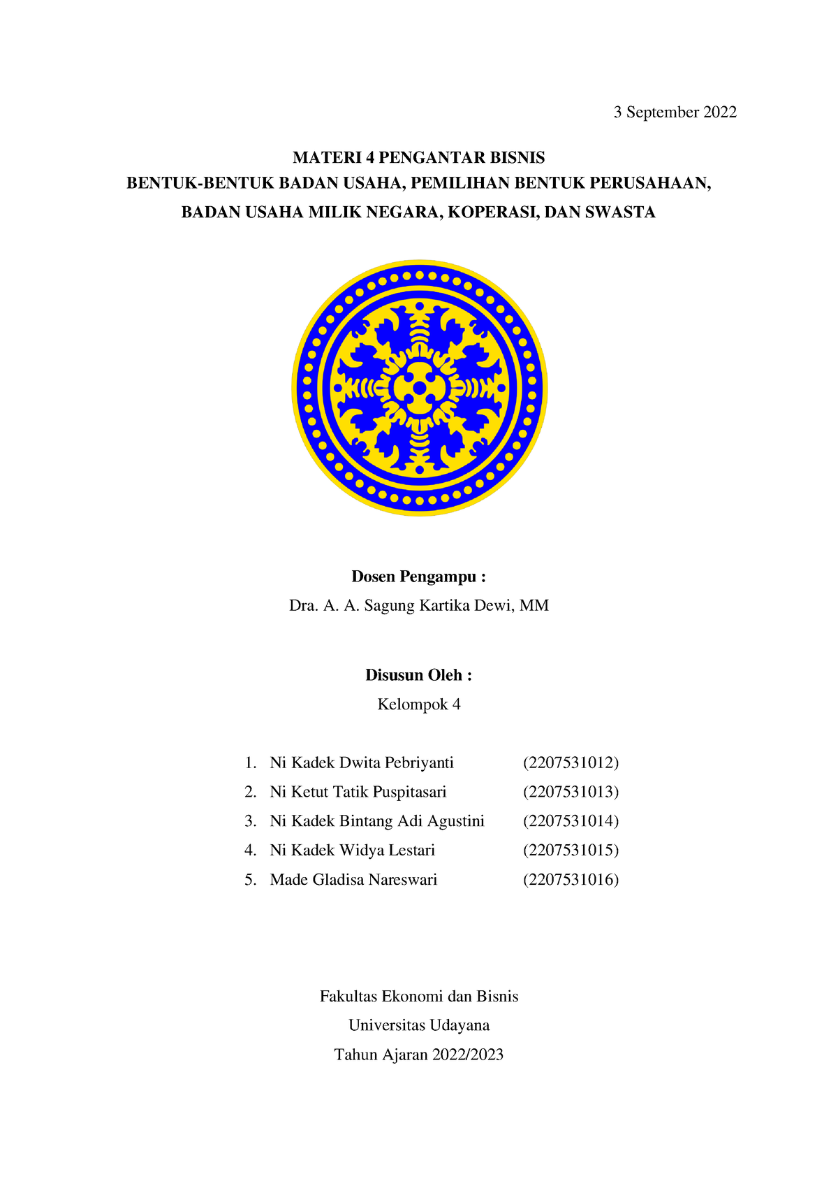 Kelompok 4 Bentuk-Bentuk Badan Usaha - 3 September 2022 MATERI 4 ...