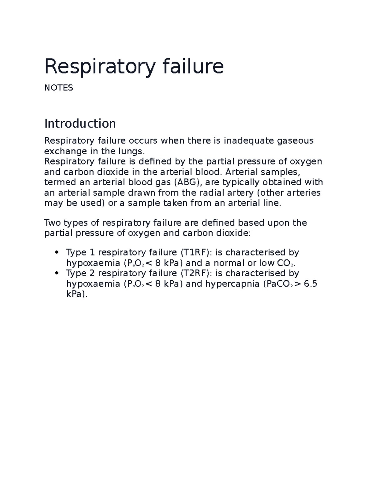 Respiratory failure - Lecture notes - Respiratory failure NOTES ...