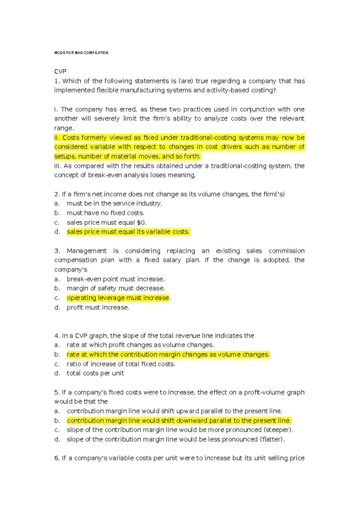 Cost volume profit compilation theories - MCQS FOR MAS COMPILATION CVP ...