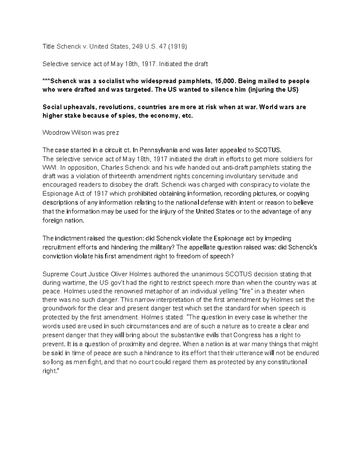 Schenck v. US case brief Title Schenck v. United States, 249 U. 47