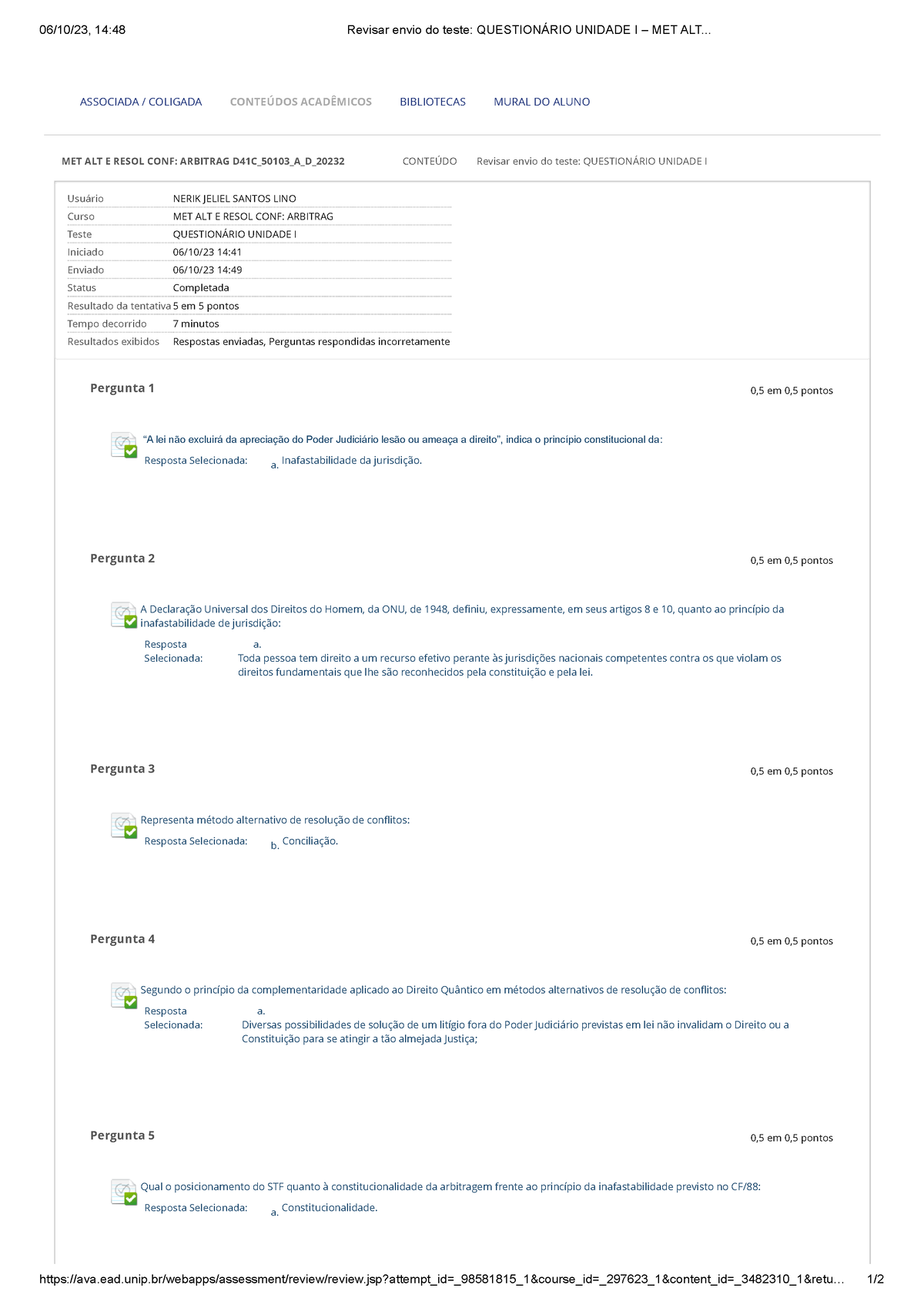 Questionário Unidade I – MET ALT - 06/10/23, 14:48 Revisar Envio Do ...