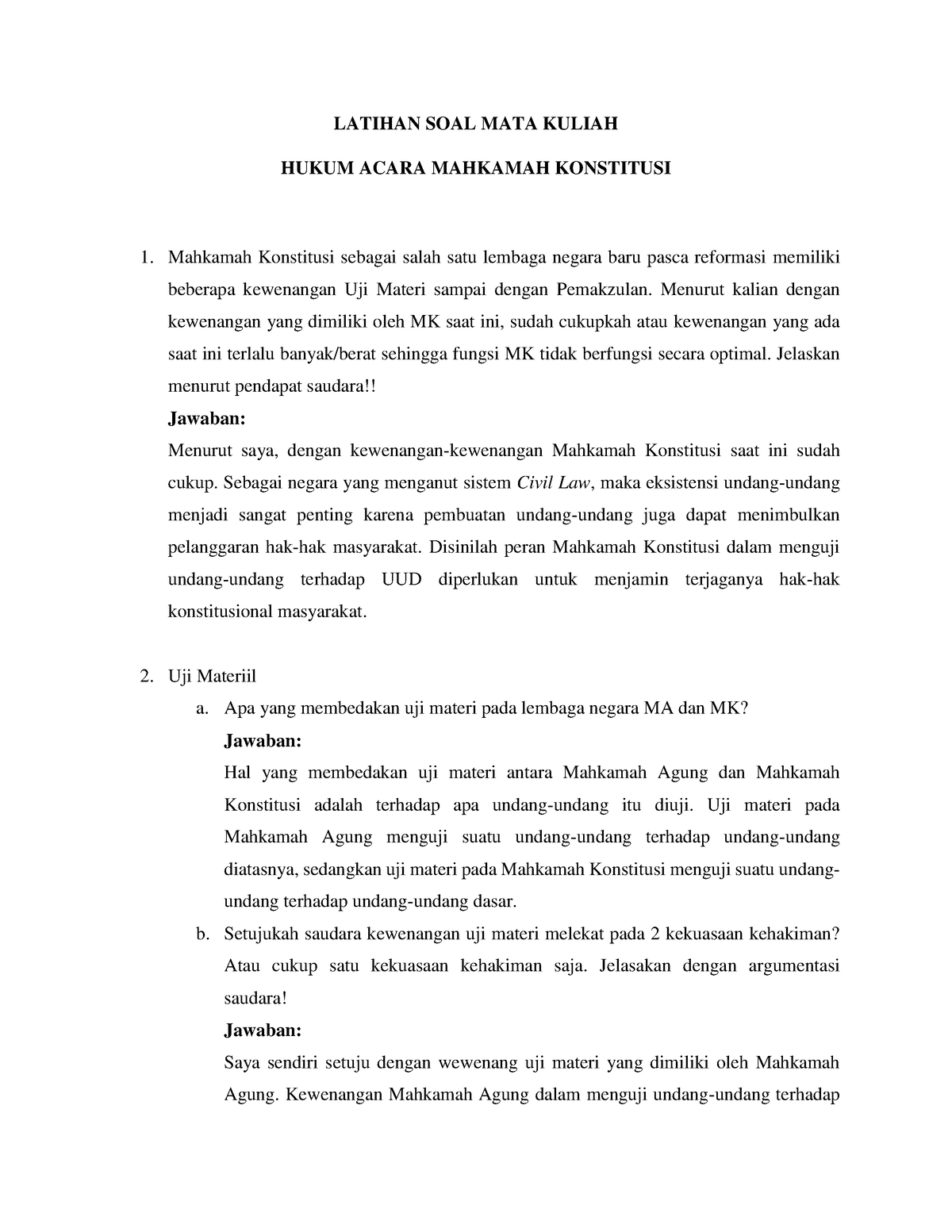 Hukum Acara Mahkamah Konstitusi - Kewenangan MK - LATIHAN SOAL MATA ...