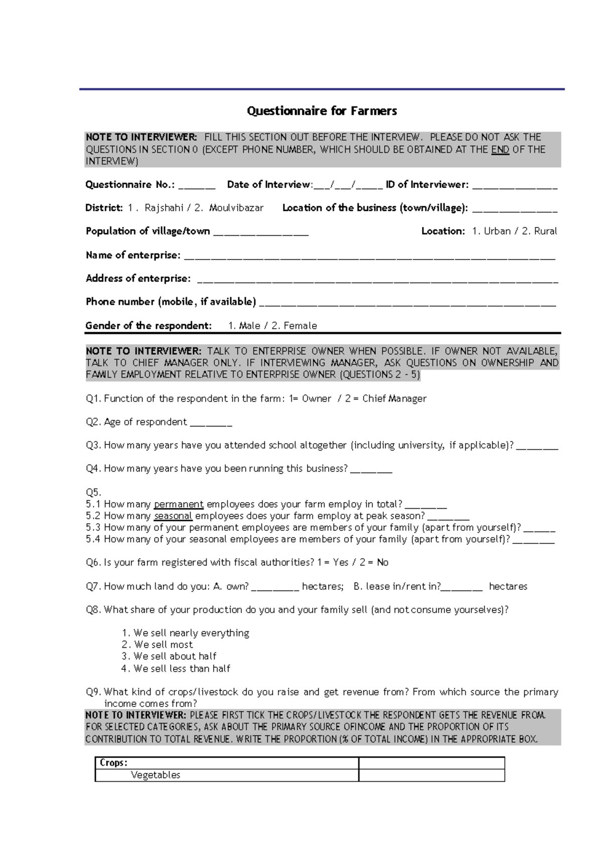 MSME Finance Questionnaire Bangladesh Farmers - Questionnaire for ...