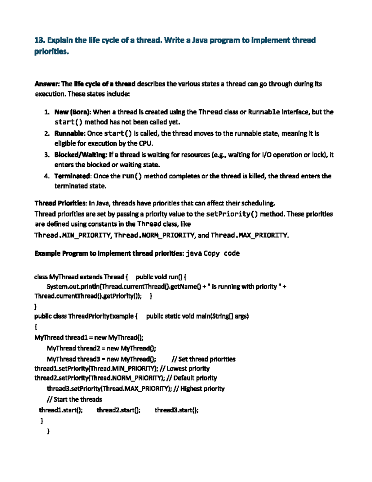 Java - Notes - 13. Explain the life cycle of a thread. Write a Java ...