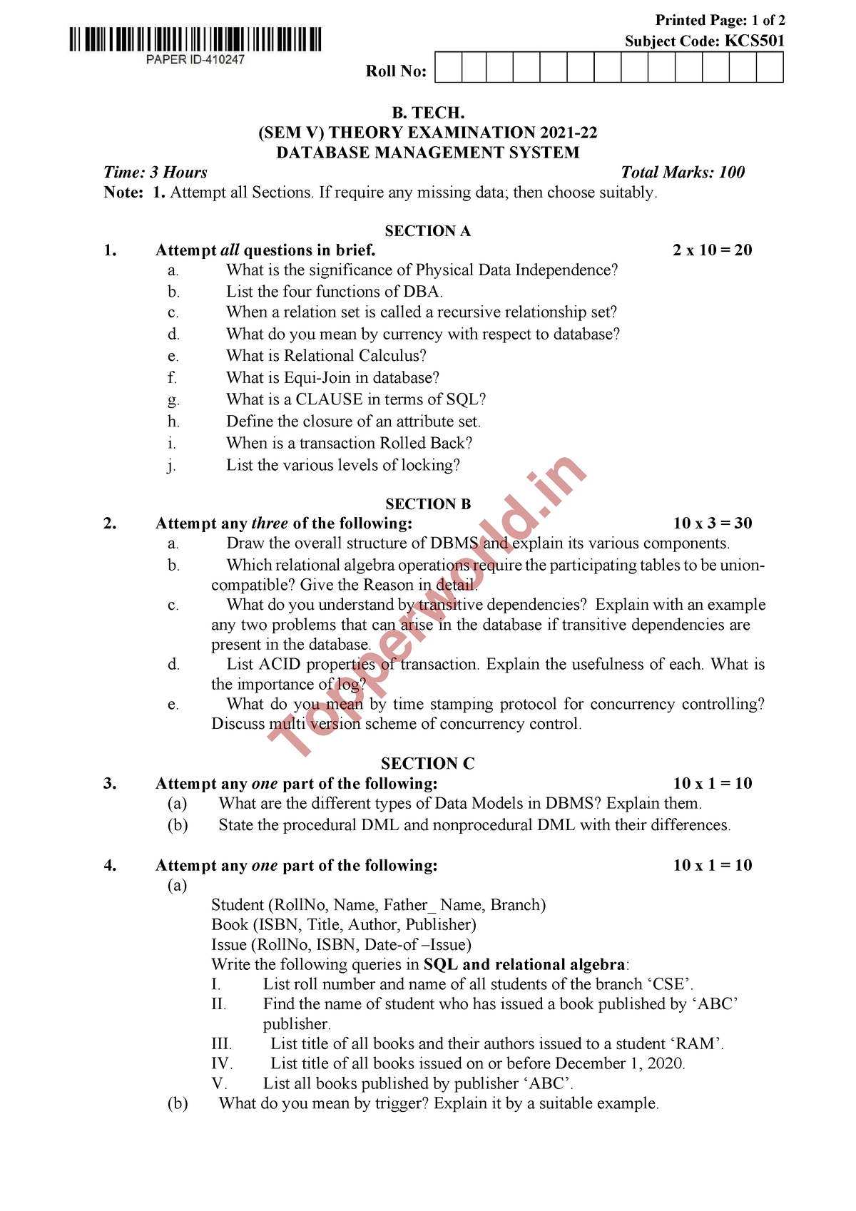 DBMS 2022 AKTU CSE - Helpful - Printed Page: 1 of 2 Subject Code: KCS 0 ...