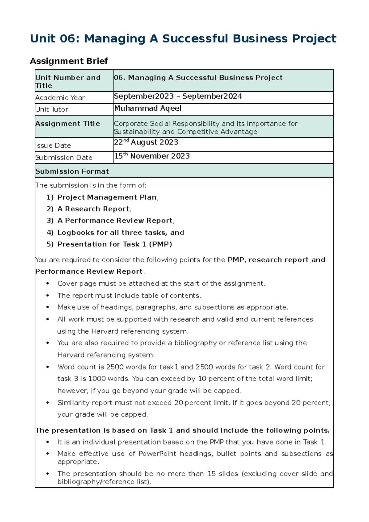 06-MSBP Assignment Brief Sep2023 - Unit 06: Managing A Successful ...