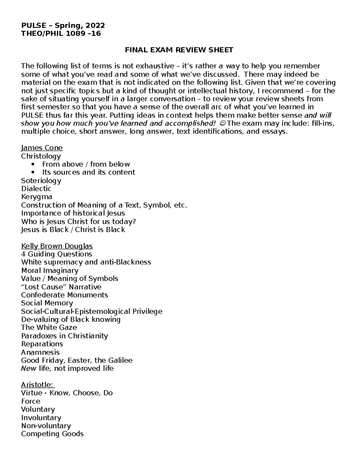 Pulse, Spring 2022 - Final Exam Review Sheet - PULSE – Spring, 2022 ...