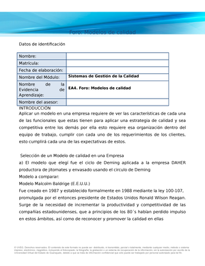 Modelos de calidad - Foro: Modelos de calidad Datos de identificación  Nombre: Matrícula: Fecha de - Studocu