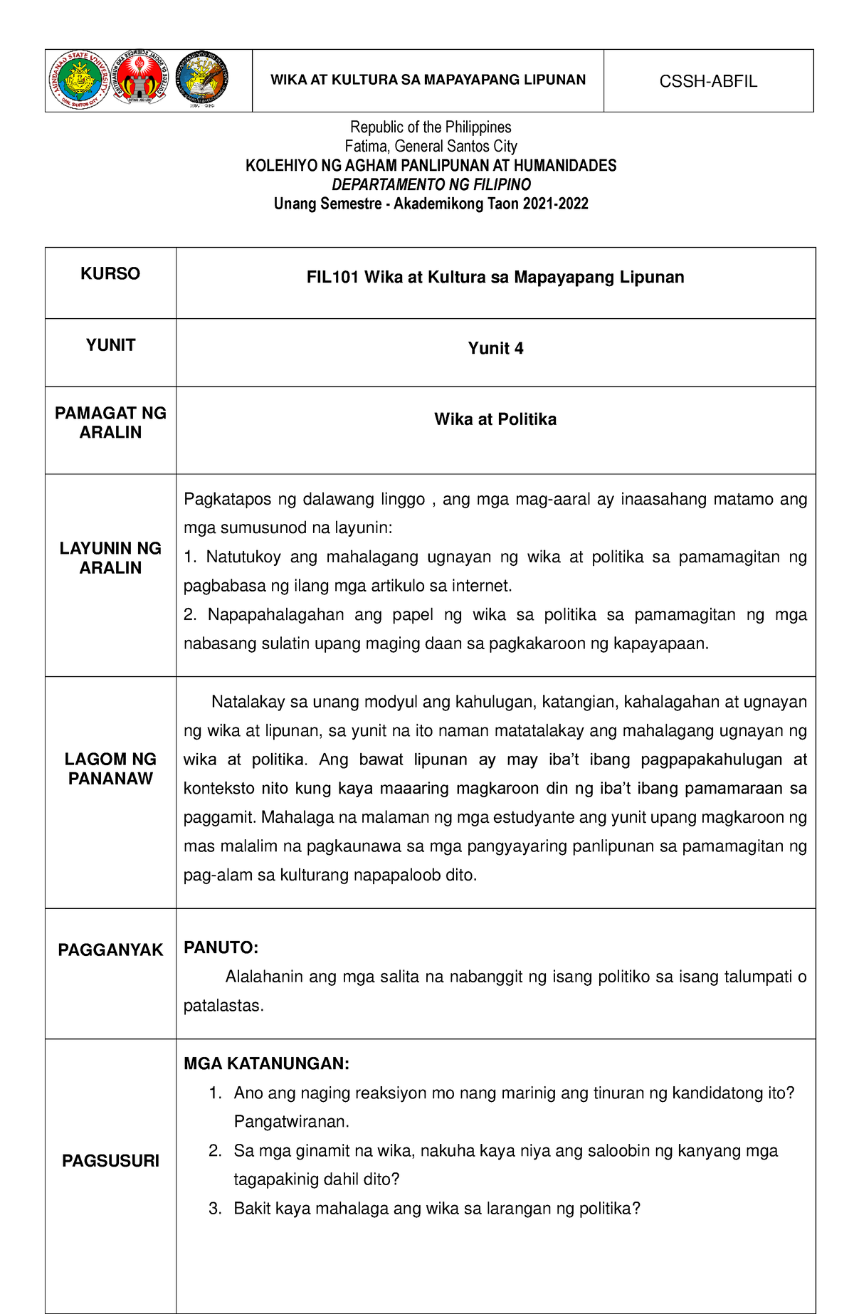 Modyul 4 Fil101a Helfull Kurso Fil101 Wika At Kultura Sa Mapayapang Lipunan Yunit Yunit 4 6802