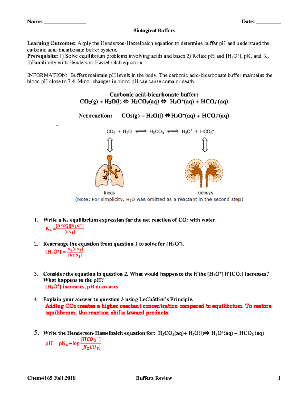 Biological Buffers Activity KEY Name Date Biological Buffers