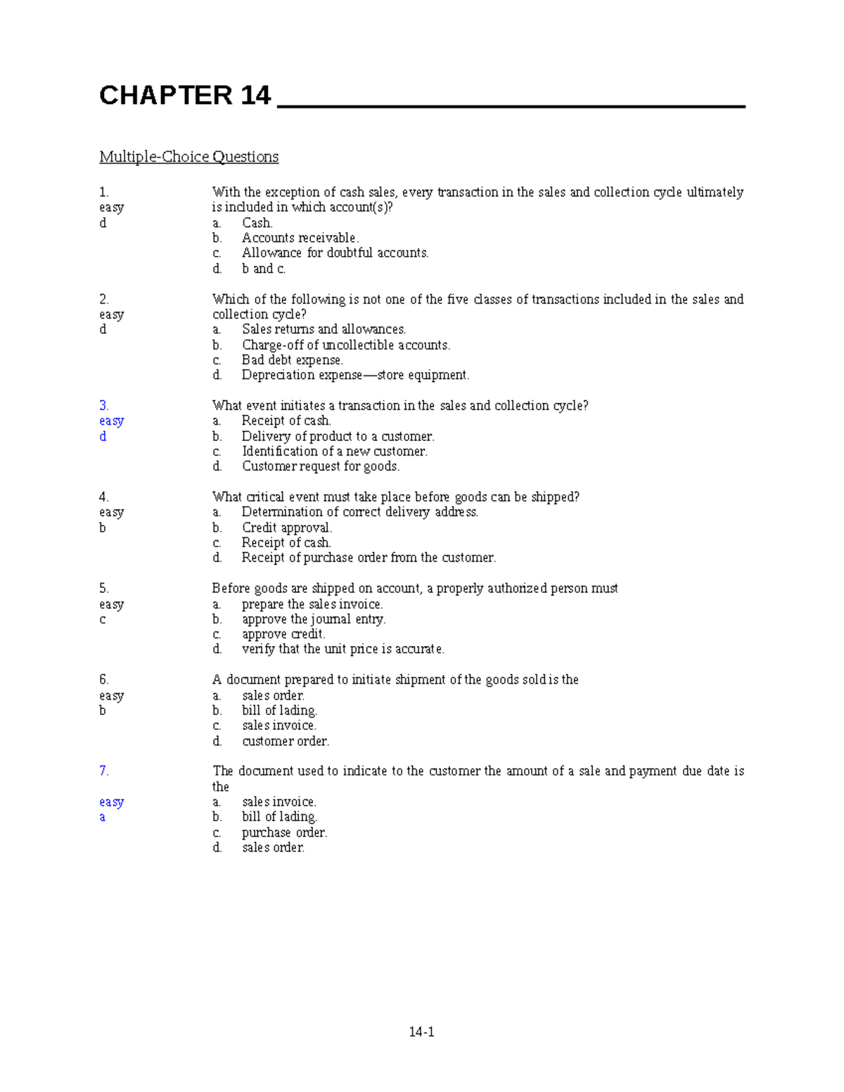 Chapter 14: Auditing Principle - CHAPTER 14 Multiple-Choice Questions 1 ...