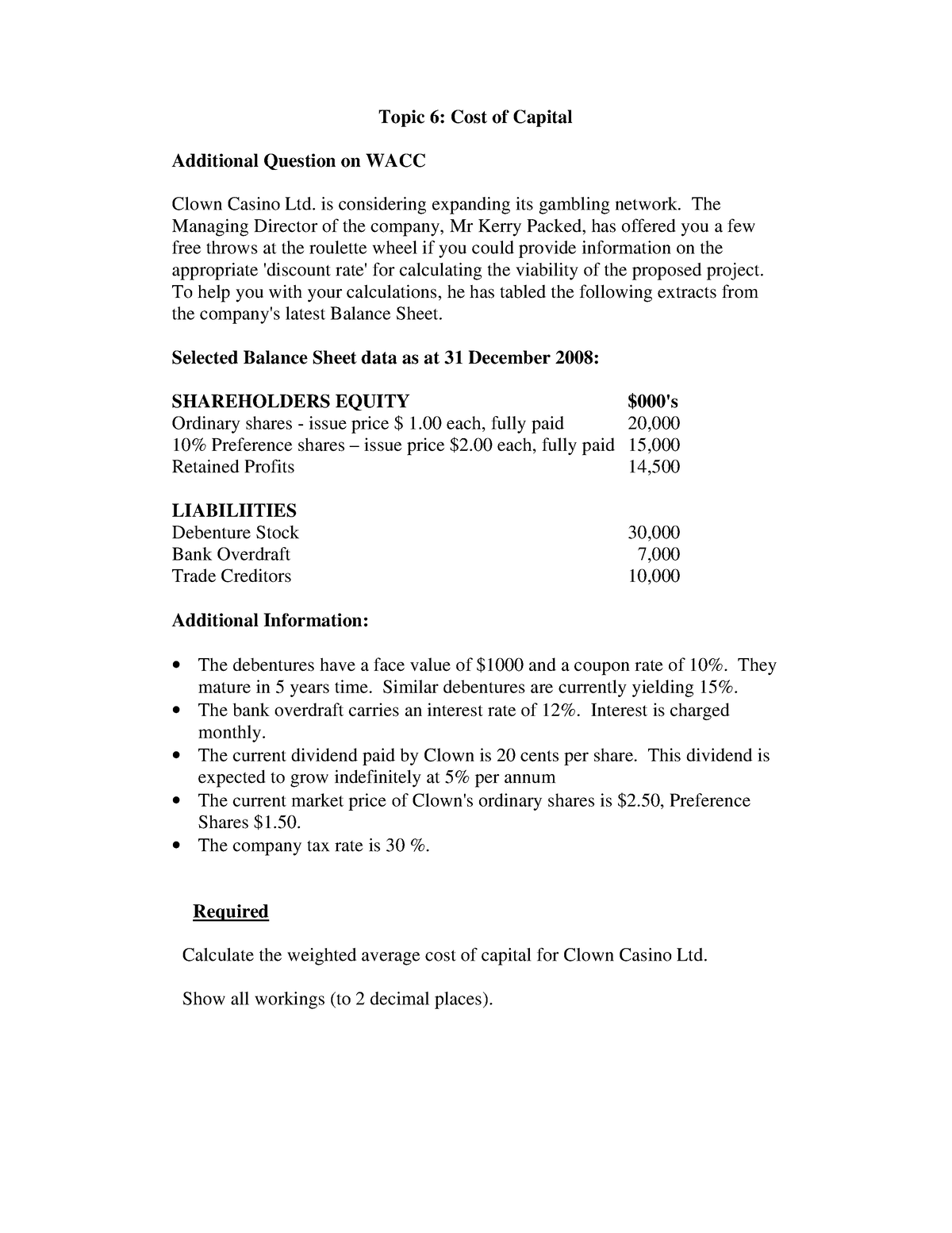 FIN20014 Topic 6 Additional Exercise - Topic 6: Cost Of Capital ...