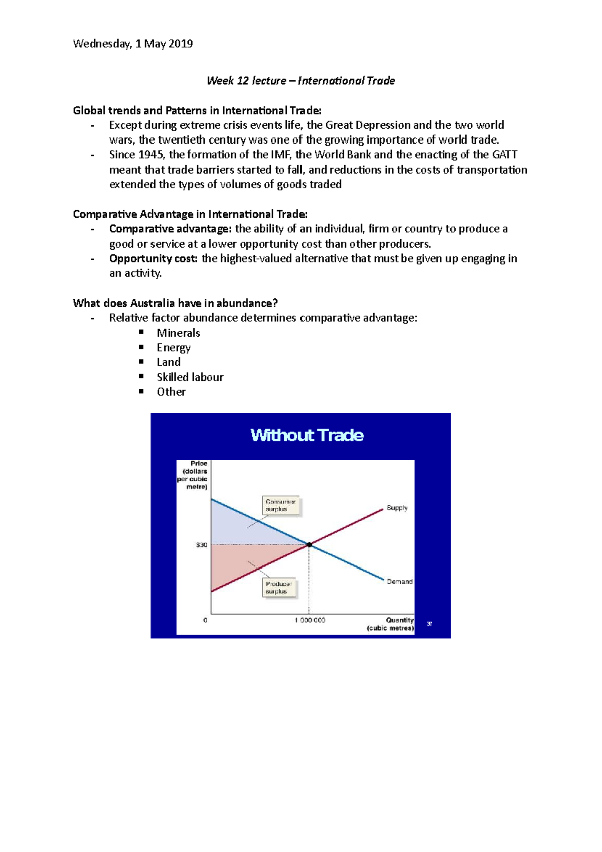 Week 12 lecture - international trade - Wednesday, 1 May 2019 Week 12 ...