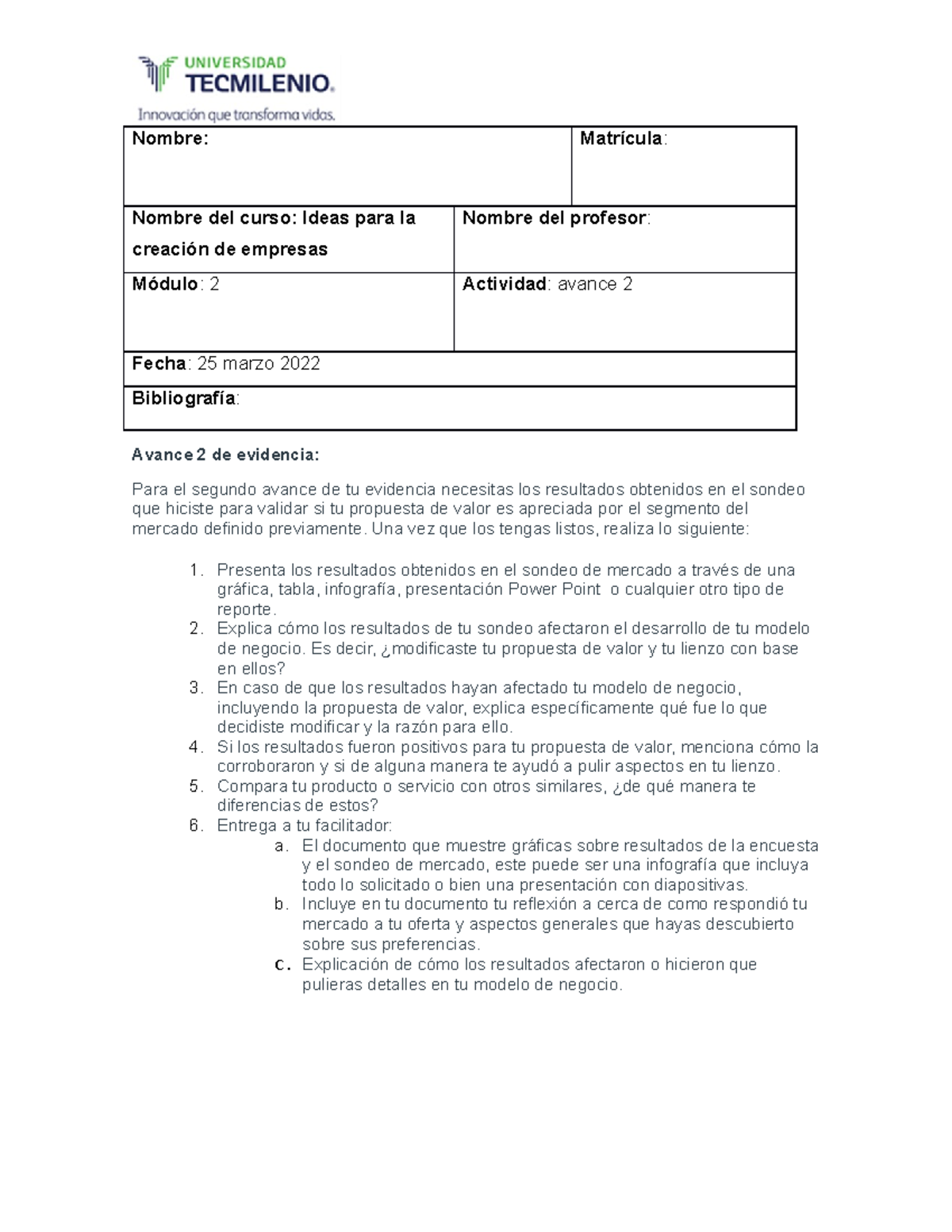 Avance 2 Evidencia Ideas - Ideas para Creacion de Empresas - TecMilenio ...