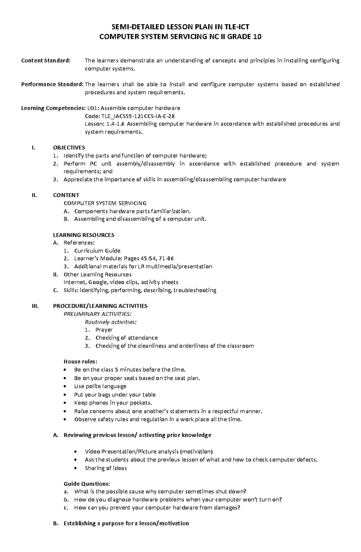 Detailed Lesson Plan Computer SEMI DETAILED LESSON PLAN IN TLE ICT