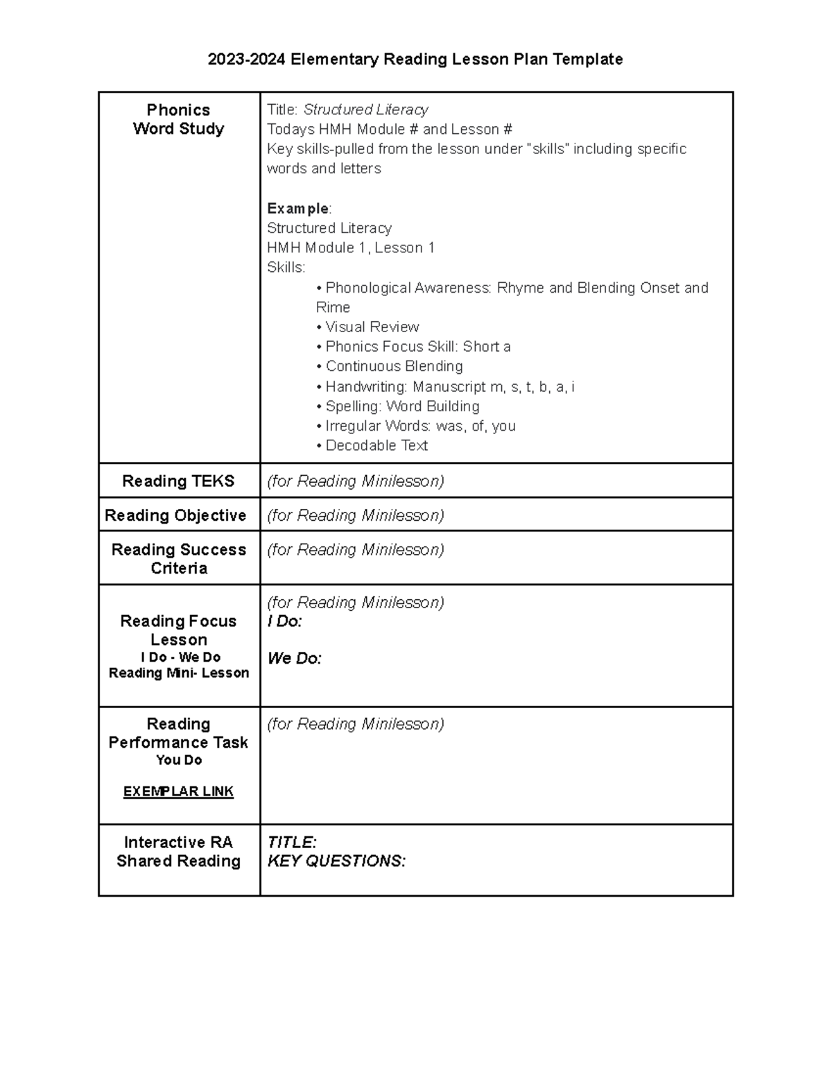 Elementary RLA Lesson Plan Template - 2023-2024 Elementary Reading ...