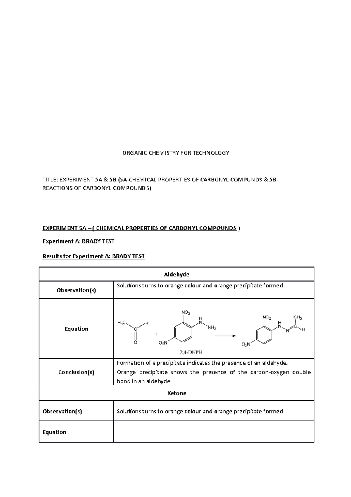 EXP5 CHM413 - Laboratory Report - ORGANIC CHEMISTRY FOR TECHNOLOGY ...