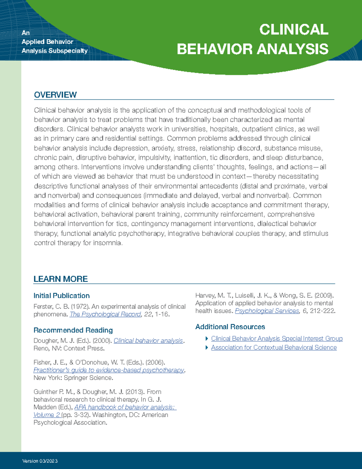 ClinicalBehaviorAnalysisFactSheet 230306a An Applied Behavior