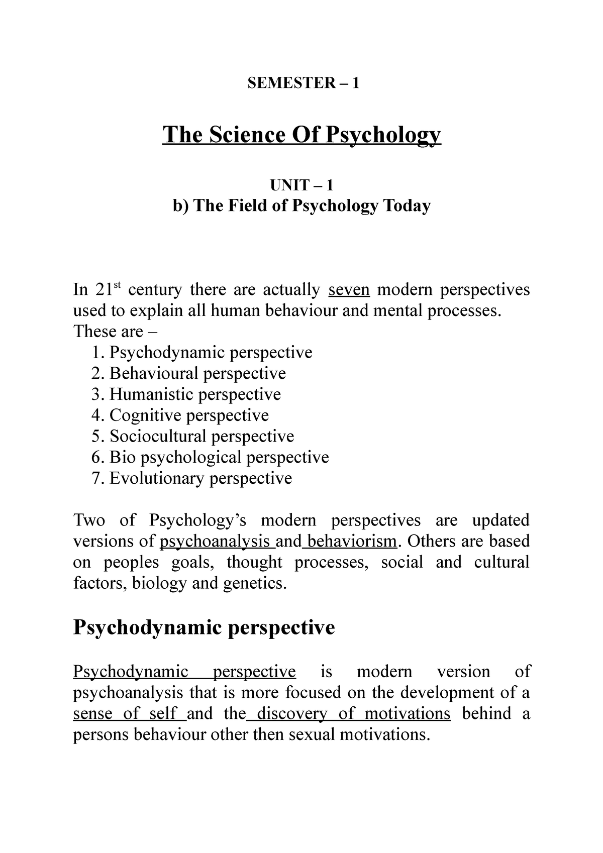 UNIT 1 - B - The Field Of Psychology Today - SEMESTER – 1 The Science ...