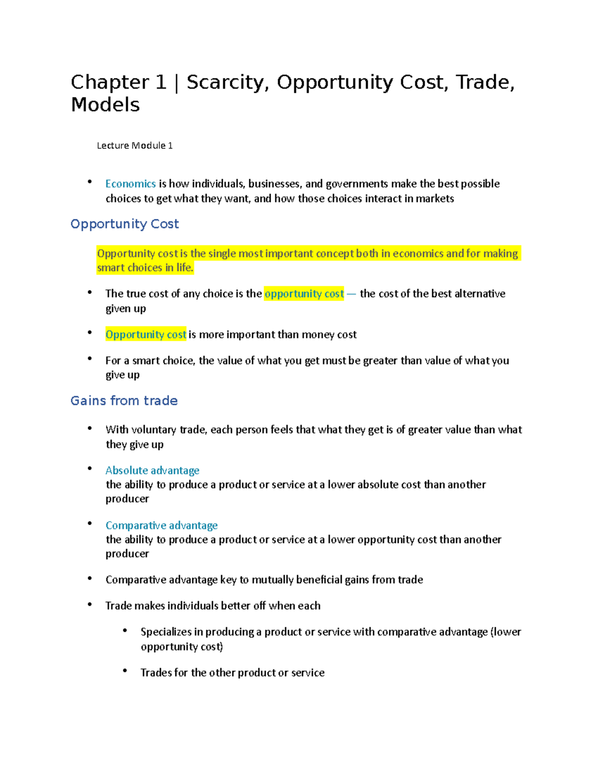 Chapter 1 - Scarcity, Opportunity Cost, Trade, Models - Chapter 1 ...
