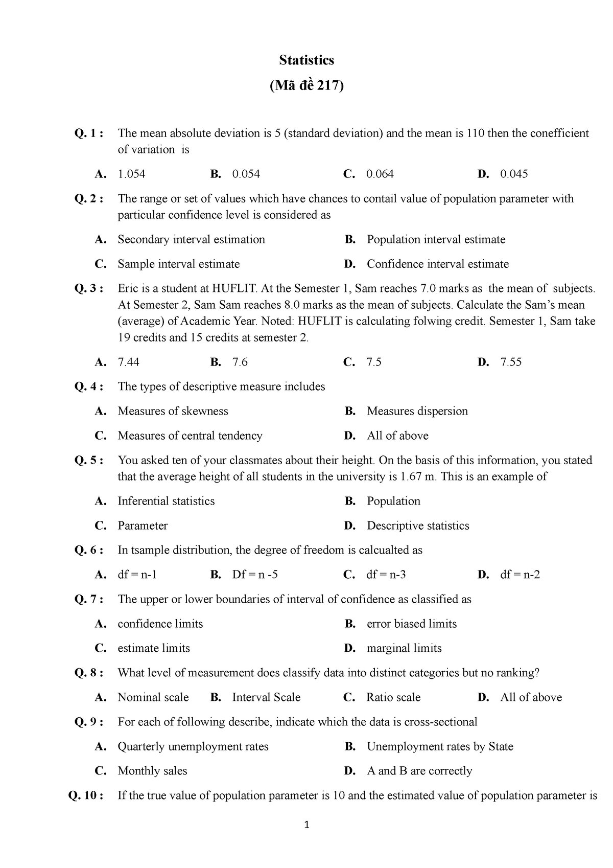 217 - Ôn đi - Statistics (Mã đề 217) Q. 1 : The Mean Absolute Deviation ...